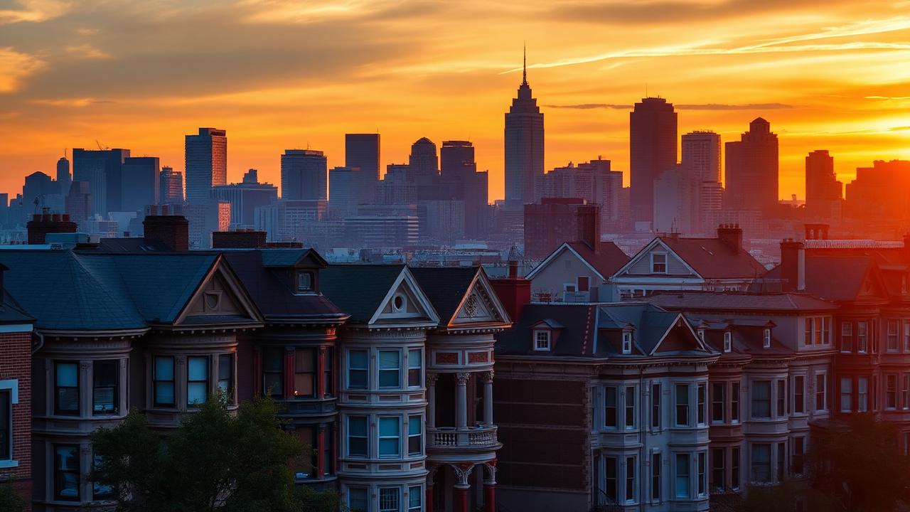 Philadelphia skyline at sunset with historic row homes in foreground