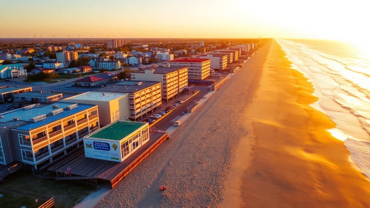 Aerial view of Wildwood NJ beachfront vacation rental properties at golden hour